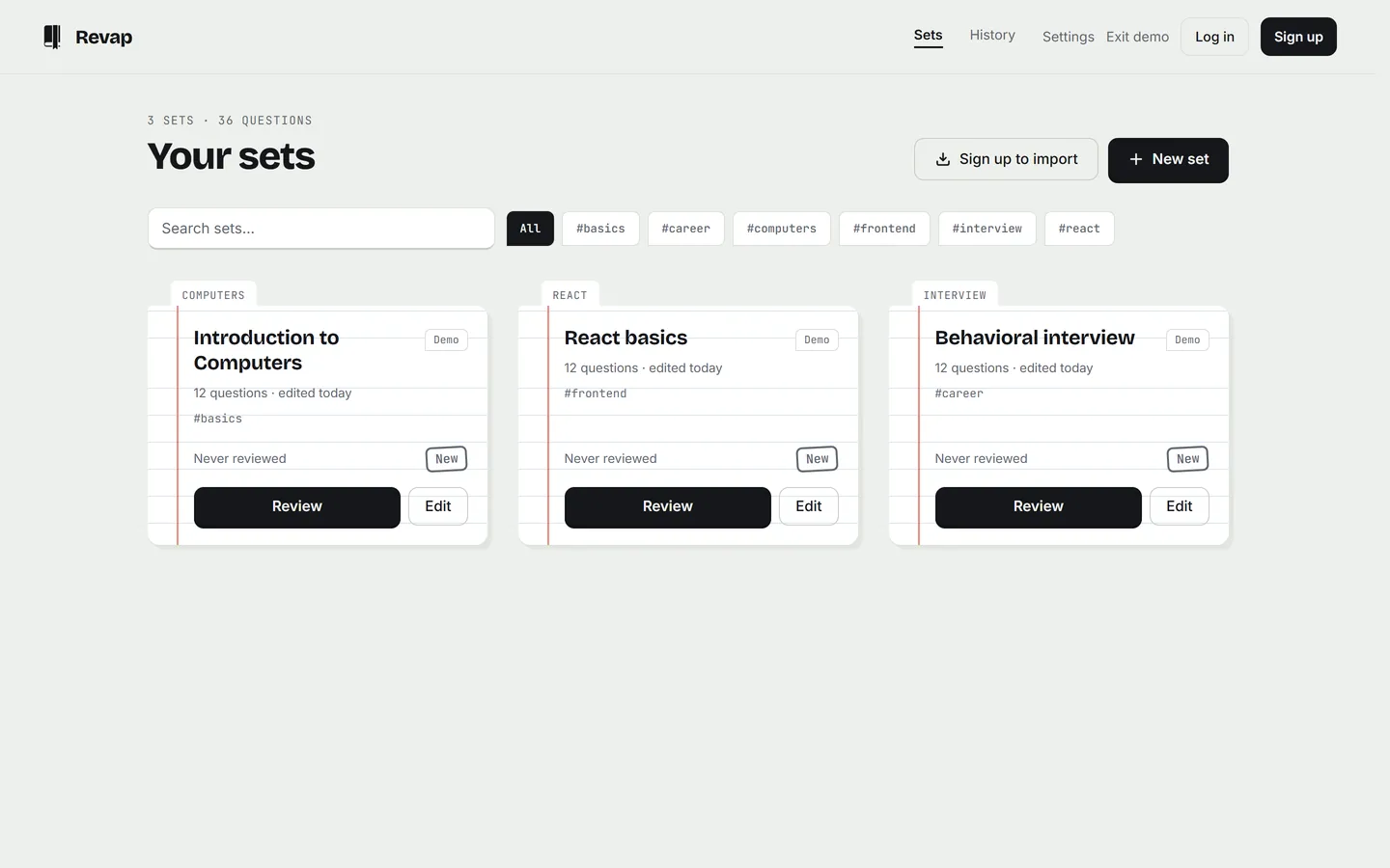 The Your sets page listing three question sets, Introduction to Computers, React basics and Behavioral interview, each with question counts, a tag and Review and Edit buttons.